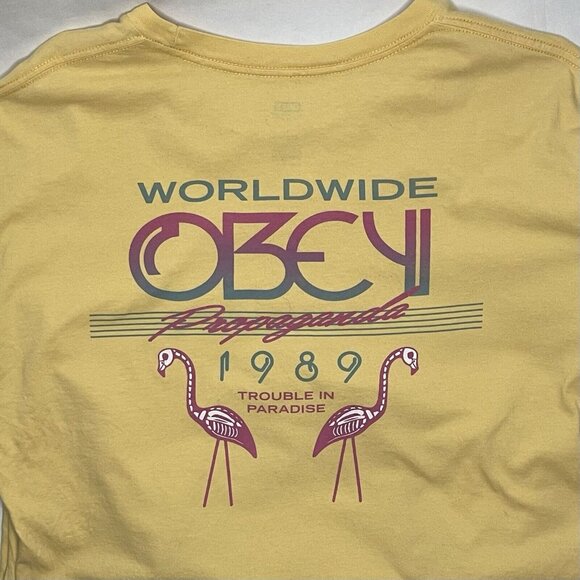 Obey Propaganda Yellow Mens L Skeleton Flamingos Streetwear Graphic TShirt Skate - Picture 1 of 6